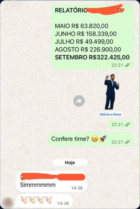 Cliente envia ao time o relatório de faturamento de maio a setembro, que sobe de R$ 63 mil para R$ 322 mil